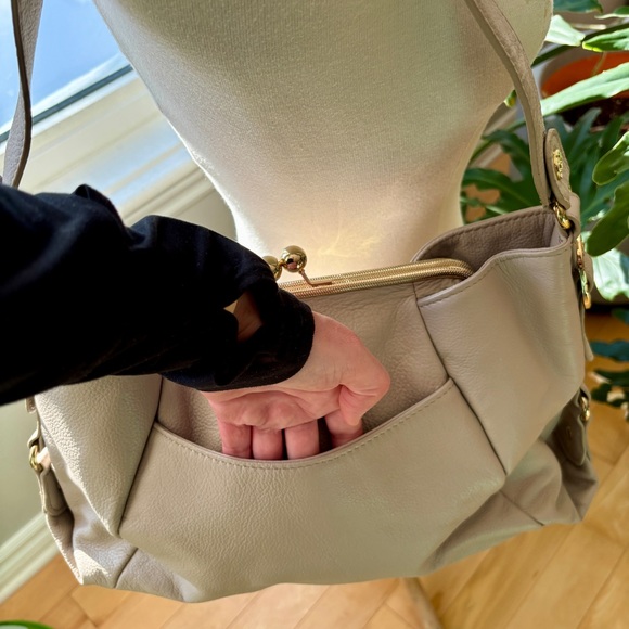 Emma Fox Taupe Leather Shoulder Bag with Gold Accents - Picture 5 of 11